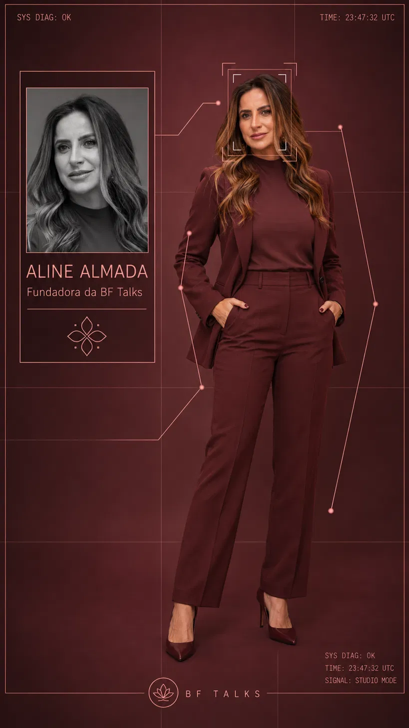 Card da Aline Almada, fundadora da BF Talks — retrato em suítes bordô sobre fundo bordô, com moldura de diagnóstico