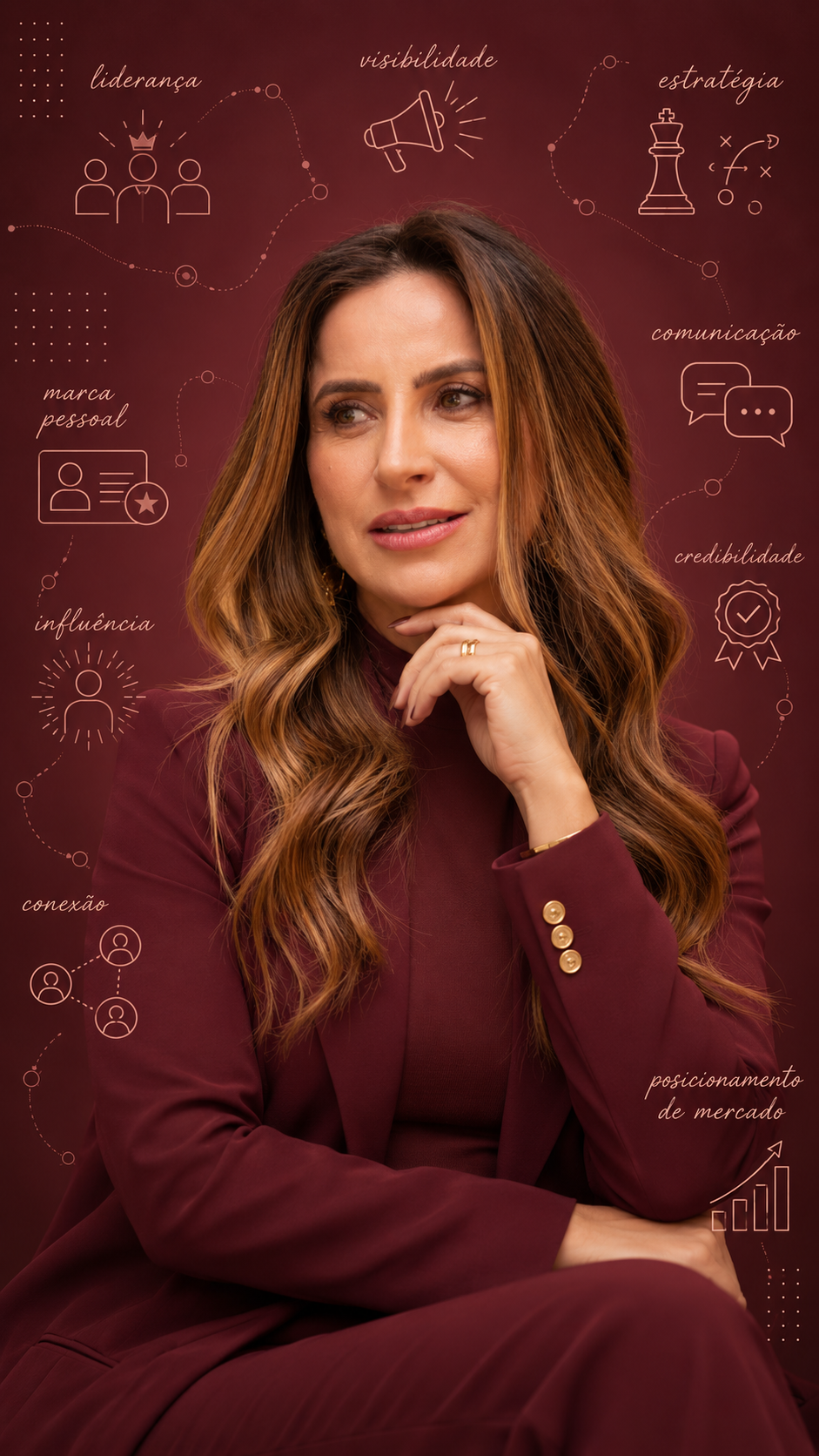 Retrato da Aline Almada sobre fundo bordô com os pilares da marca